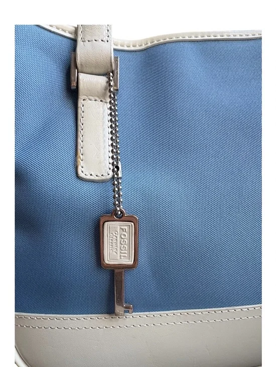 Vintage Fossil Canvas Satchel Blue & White Top Handle Handbag - Picture 7 of 7